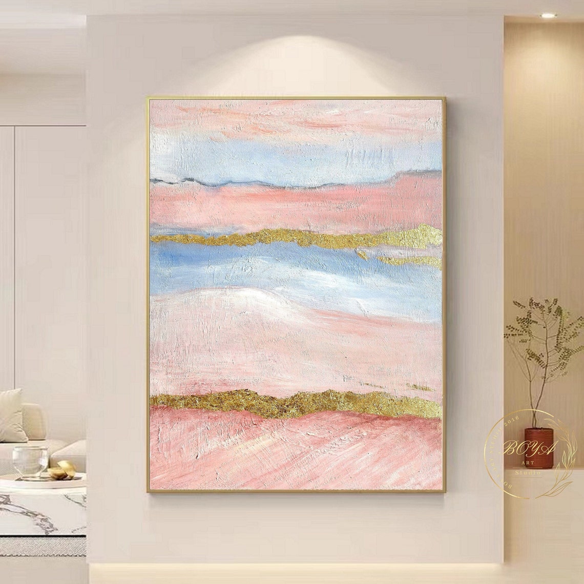 Elegant Pink and Blue Stripes with Gold Leaf Abstract Poster