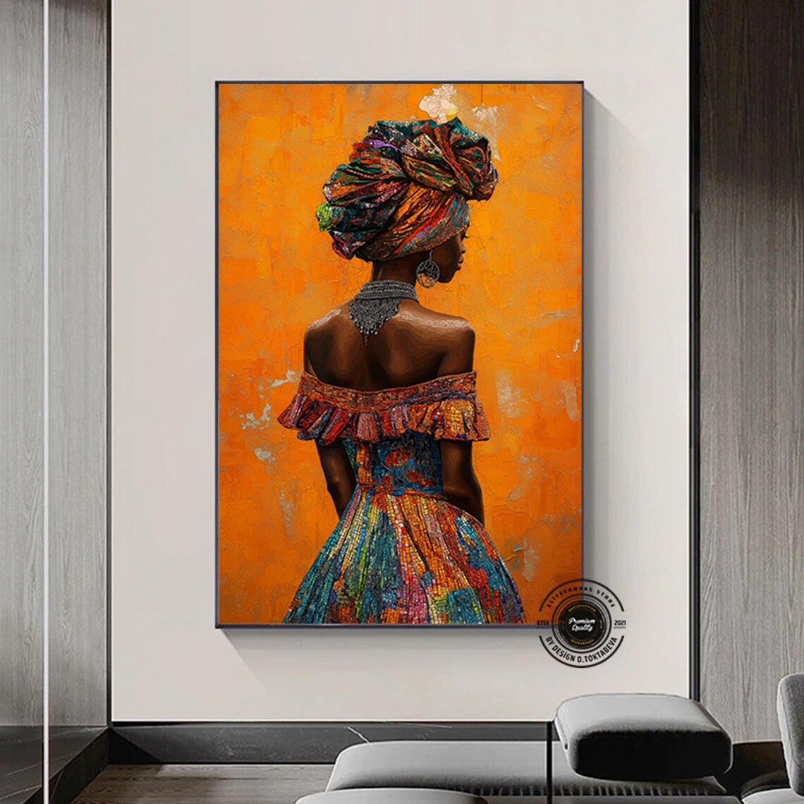 African Woman Headwrap Dress Back View Orange Culture Poster