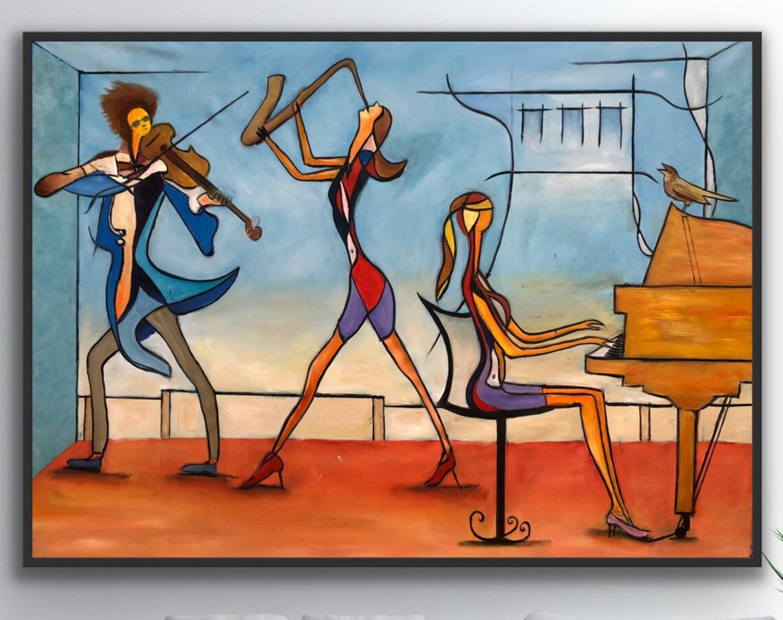 Abstract Music Painting, Cubist Piano Violin Art Print
