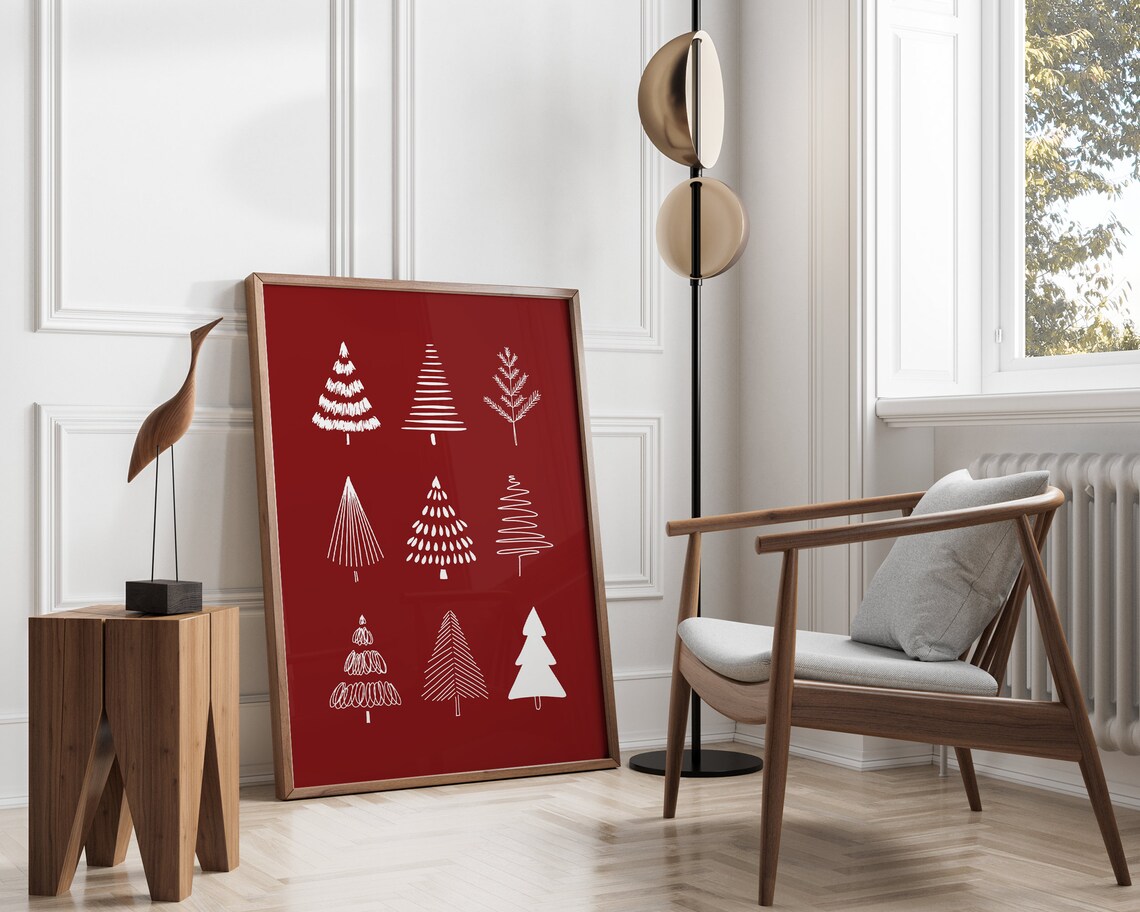White Line Christmas Trees Red Holiday Minimalist Art Poster
