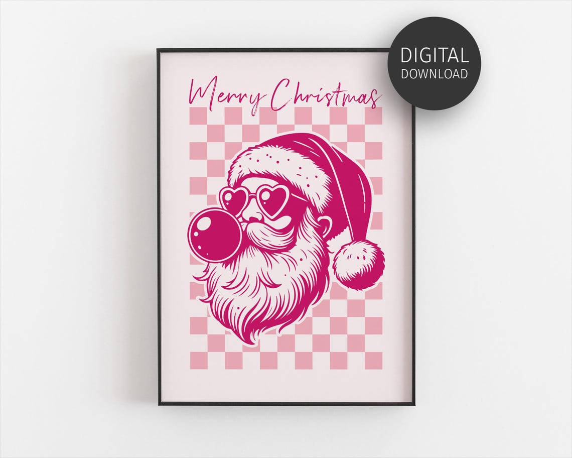 Merry Christmas Pink Retro Santa Bubble Checkerboard Holiday Print