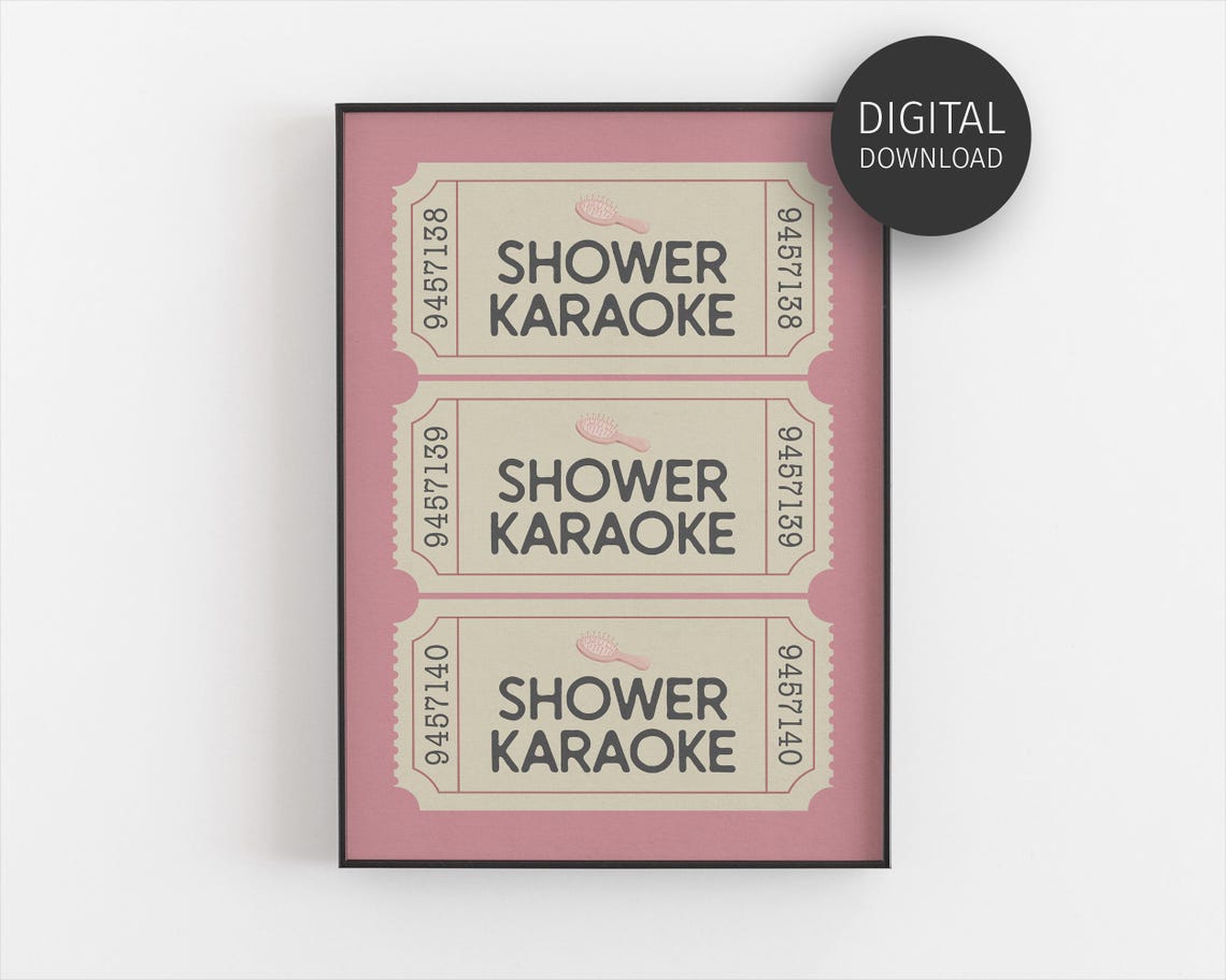 Shower Karaoke Vintage Ticket Trio Pink Girly Bathroom Wall Art