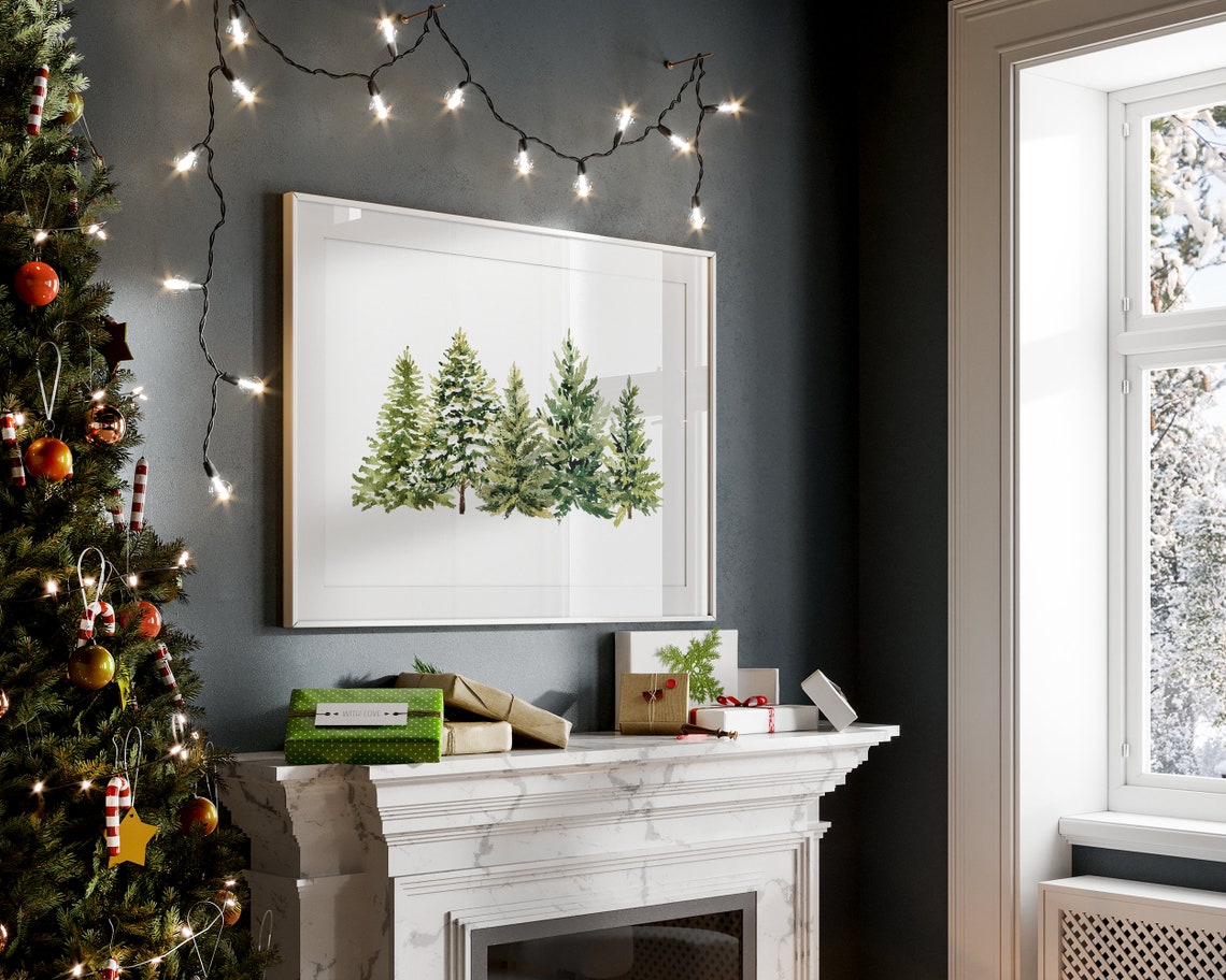 Watercolor Pine Forest Trees Minimal Woodland Winter Wall Art - Image 3