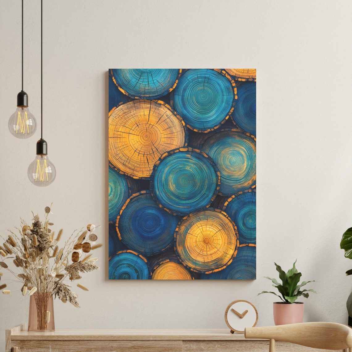 Teal Blue Gold Painted Log Cross Sections Tree Ring Rustic Poster - Image 5