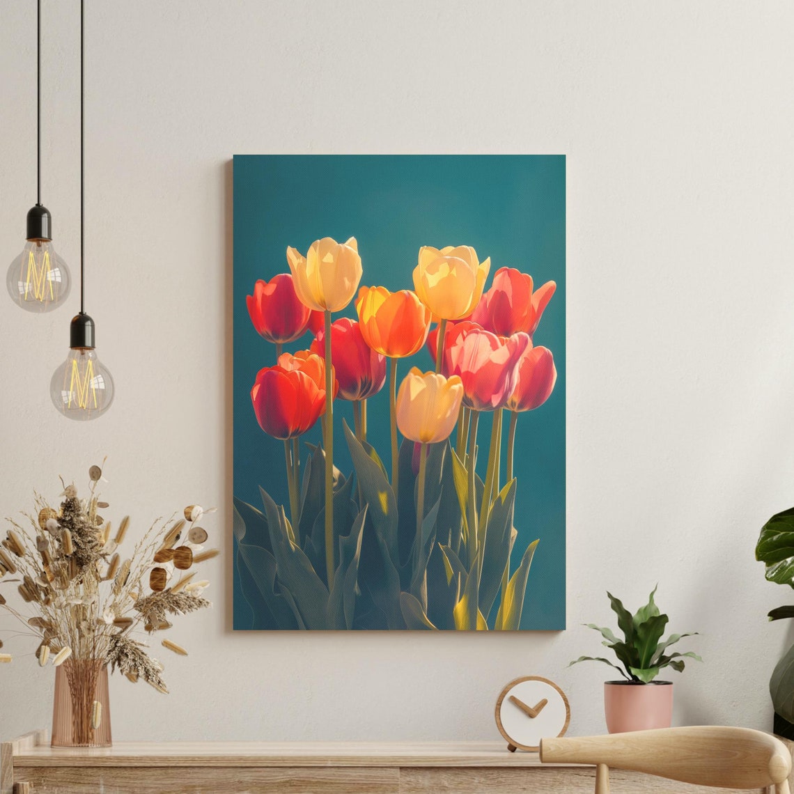 Red Yellow Tulips On Deep Teal Backlit Dramatic Floral Art Poster