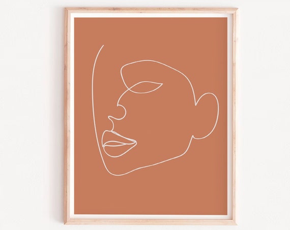 Burnt Orange Art Abstract Trendy Fine Line Face Print Boho Drawingscandinavian Wall Artprintable