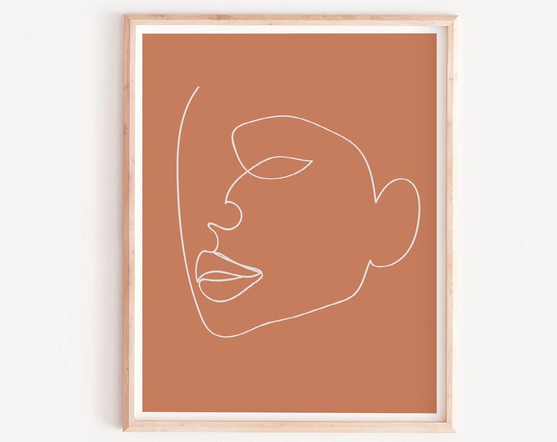 Burnt Orange Art Abstract Trendy Fine Line Face Print Boho Drawingscandinavian Wall Artprintable