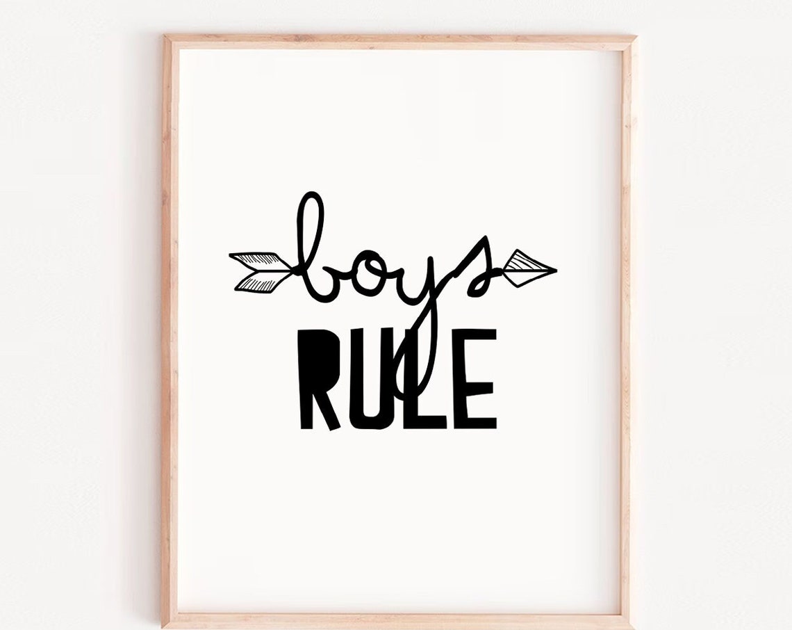 Boys Rule Arrow Script Typography Black White Kids Room Print
