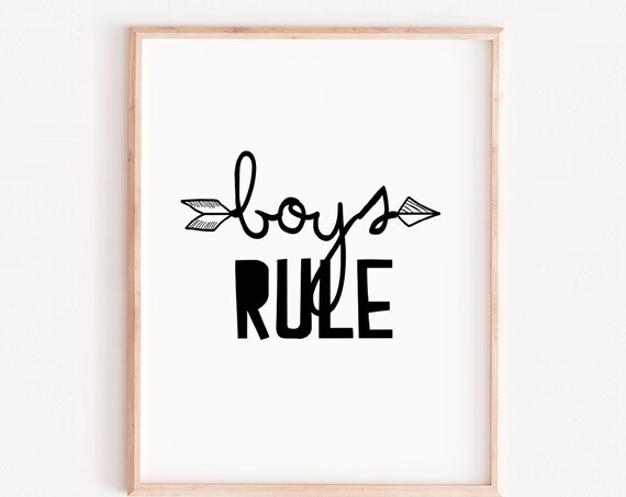 Boys Rule Arrow Script Typography Black White Kids Room Print