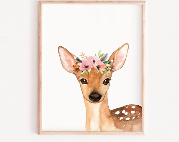 Watercolor Deer with Floral Crown Nursery Animal Portrait Poster