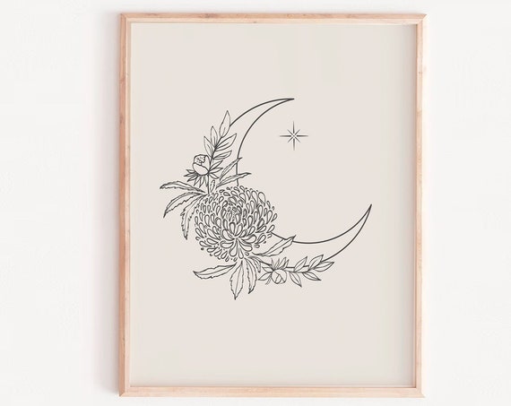 Floral Moon Minimal Celestial Peony Art Print
