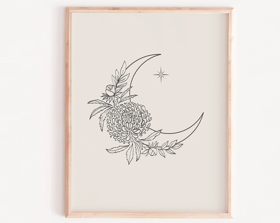Floral Moon Minimal Celestial Peony Art Print