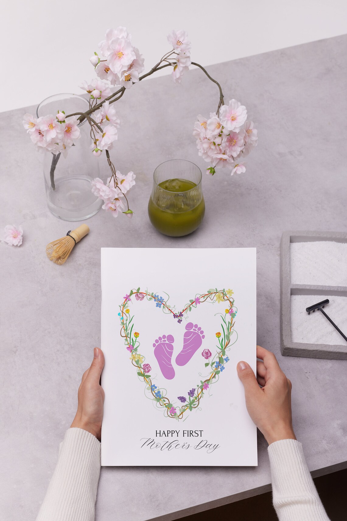 Happy First Mother's Day Baby Footprint Floral Heart Keepsake Poster - Image 3
