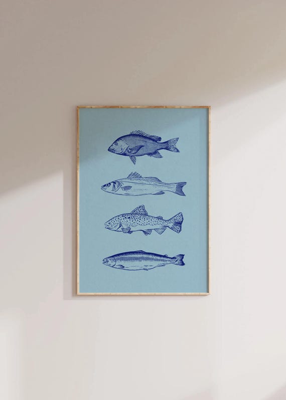 Blue Fish Vintage Line Art Poster, Summer Decor