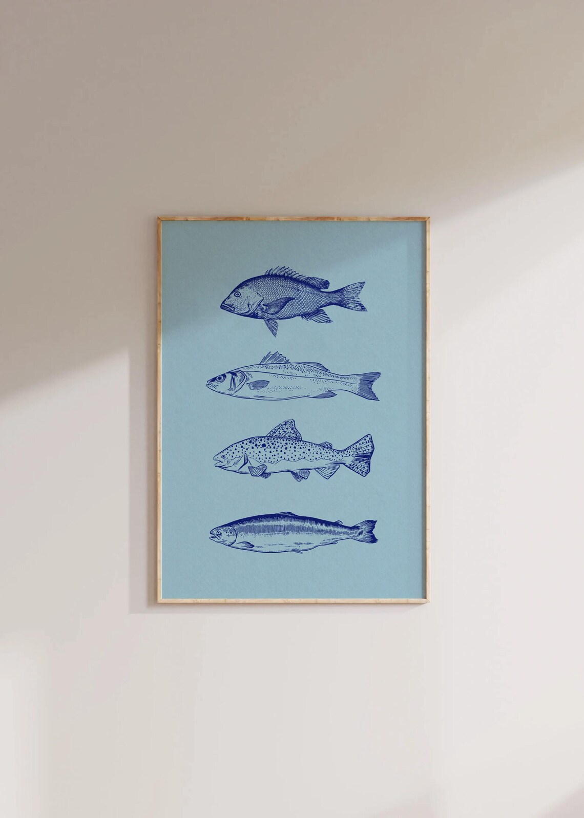 Blue Fish Vintage Line Art Poster, Summer Decor