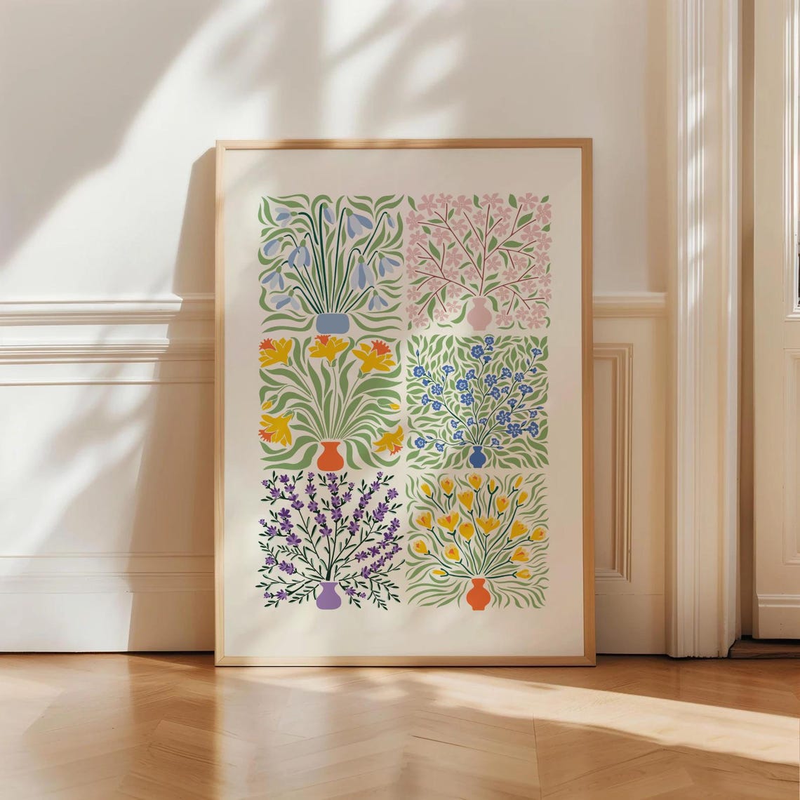 Six Panel Art Nouveau Style Colorful Flower Squares Botanical Wall Art