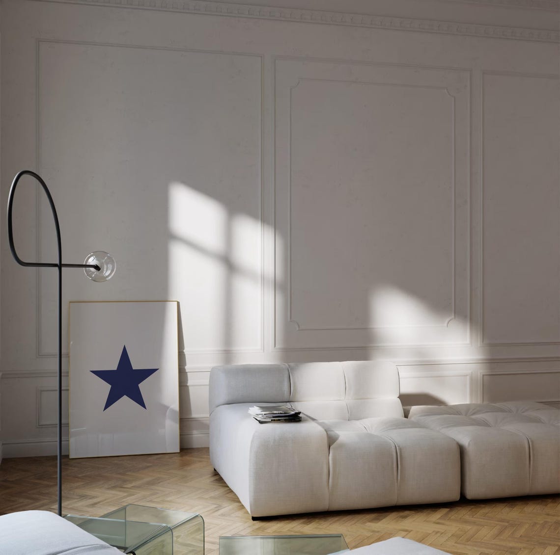 Navy Blue Star on White Minimalist Modern Decor Statement Wall Art - Image 3