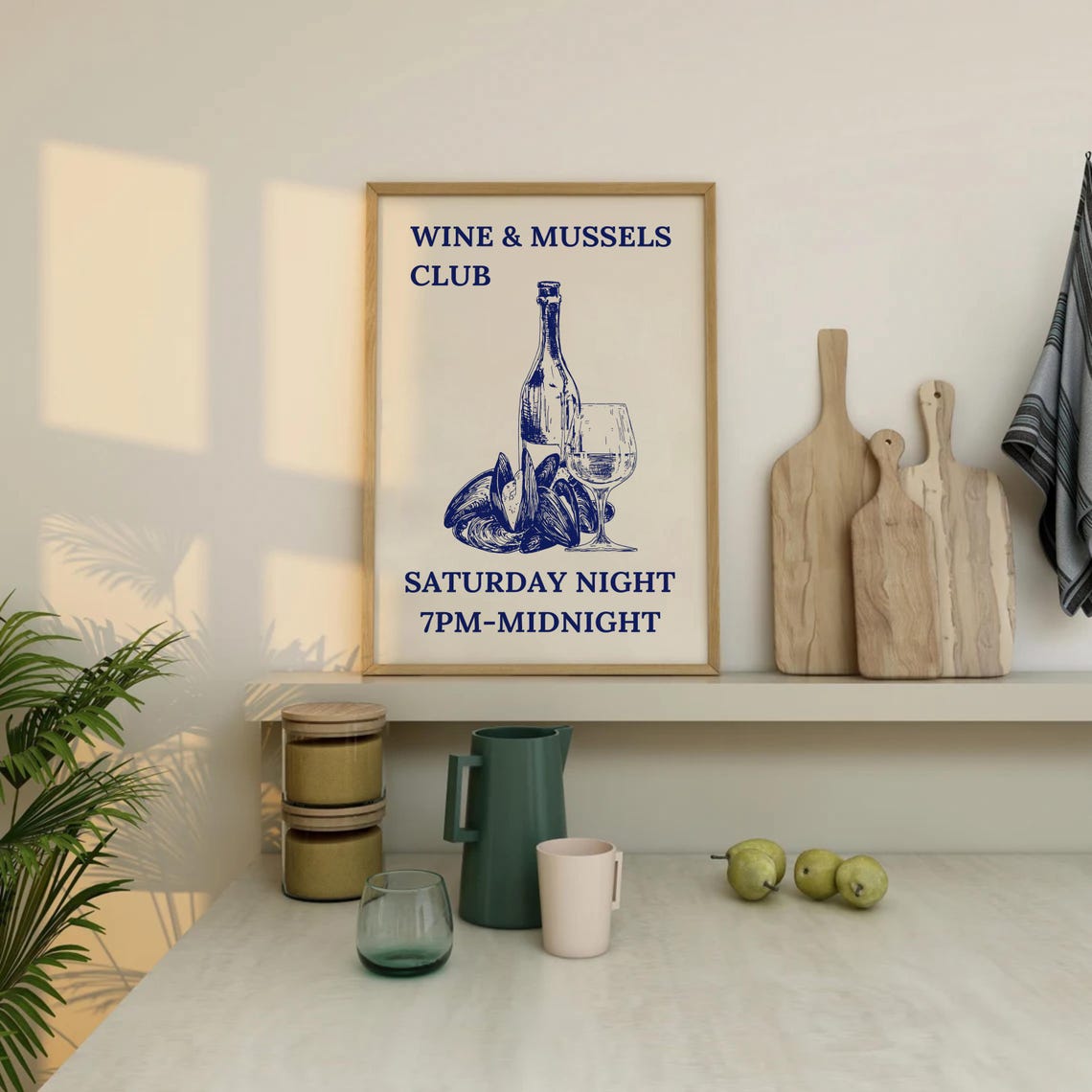 Wine and Mussels Club Saturday Night Blue Illustrated Kitchen Poster - Image 2
