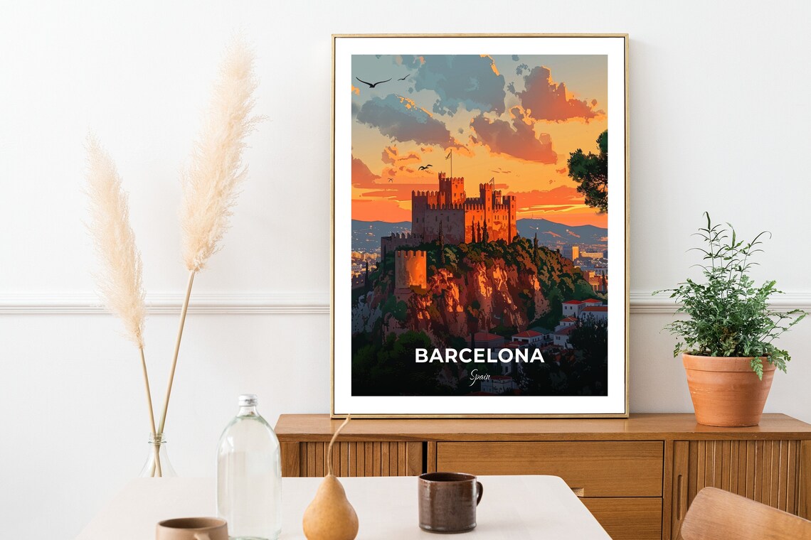 Barcelona Montjuic Castle Hilltop Sunset Over the City Travel Poster - Image 2