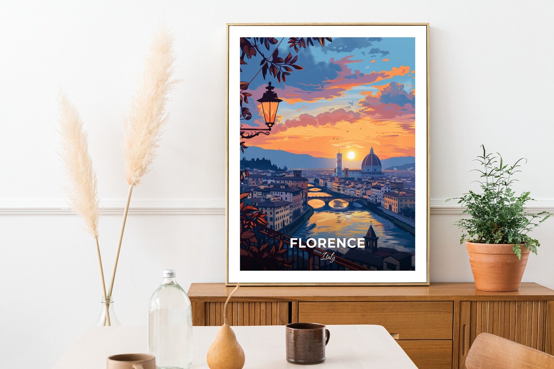 Florence Italy Sunset Duomo Arno River Skyline Travel Poster - Image 2
