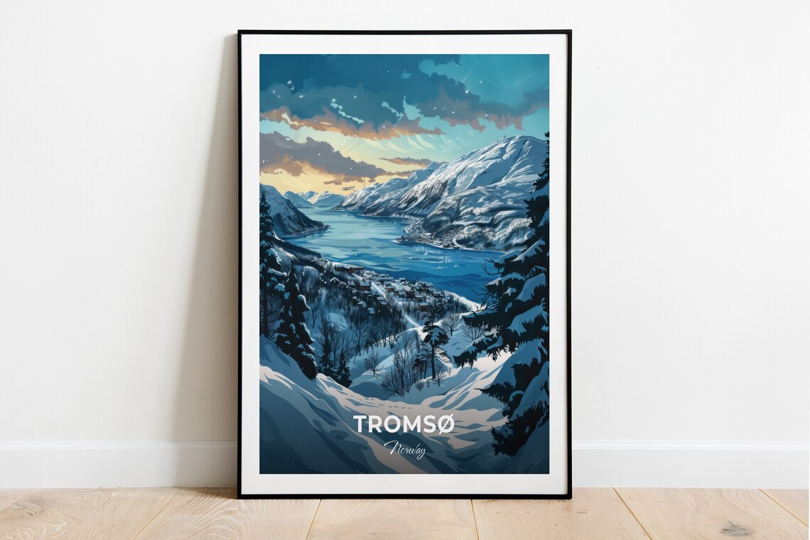 Tromso Norway Jiehkkevrri Mountain Snowy Fjord Travel Poster