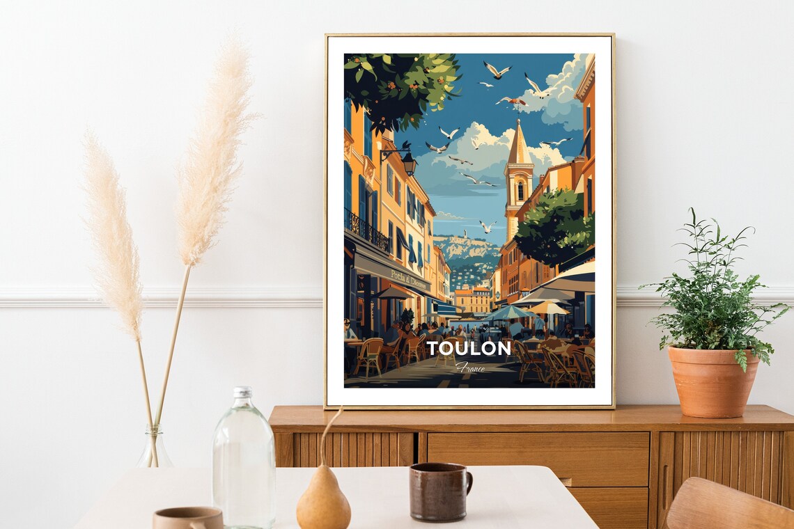 Toulon France Sunny Cafe Street Church Spire Coast Travel Poster - Image 2