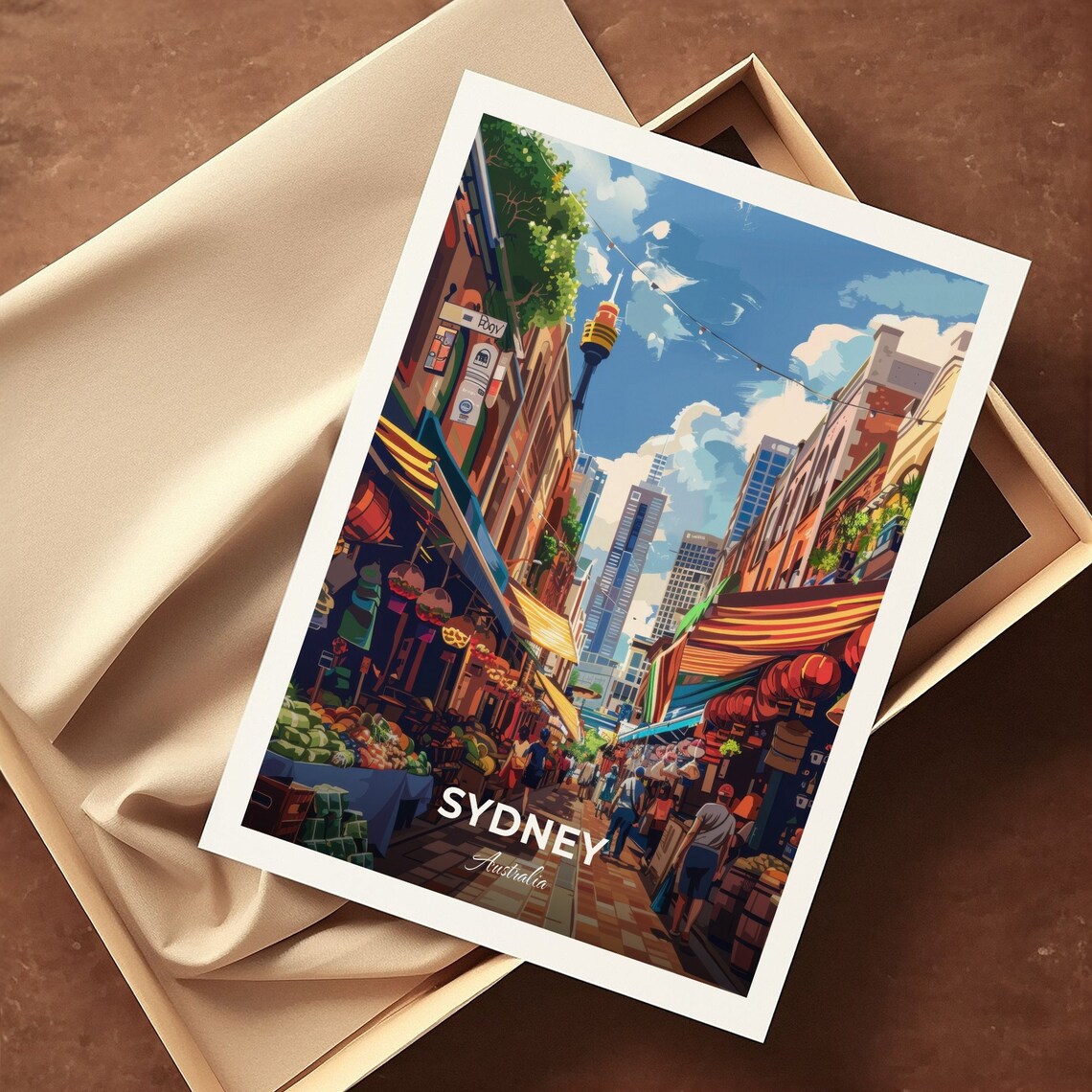 Sydney Australia Bustling Market Street Stalls Under Sydney Tower Poster - Image 3