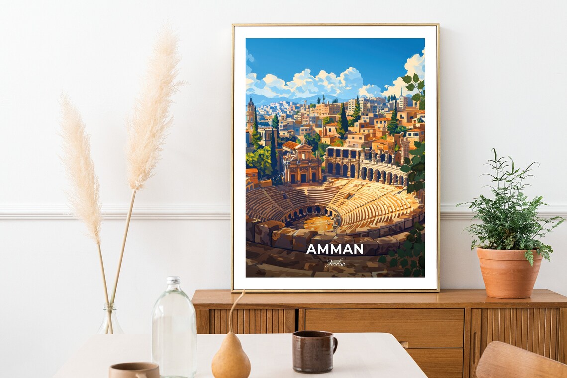 Amman Roman Theatre Ancient Cityscape Jordan Vintage Travel Poster - Image 2