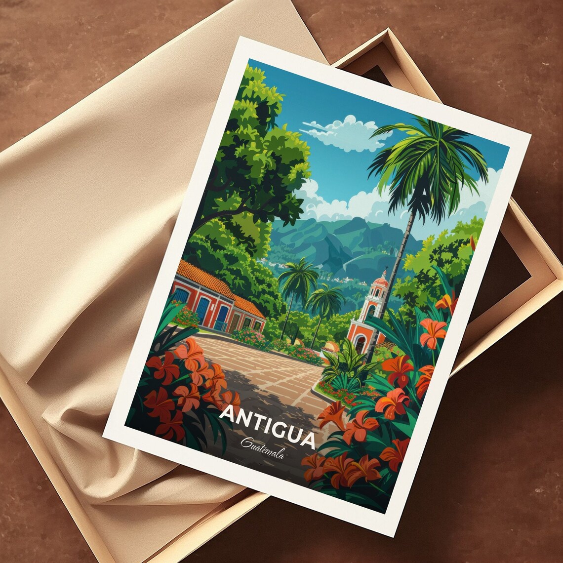 Antigua Guatemala Central Park Church Palm Vintage Travel Poster - Image 3