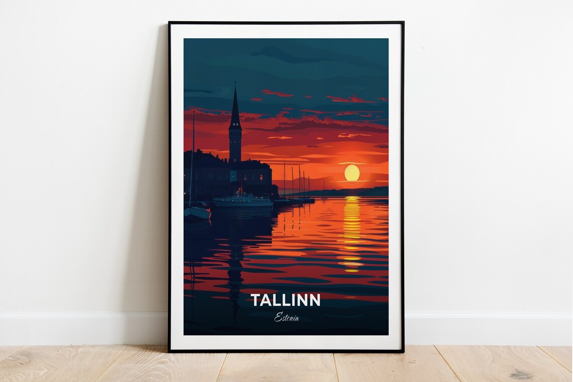Tallinn Estonia Dusk Harbor Silhouette Setting Sun Water Travel Poster