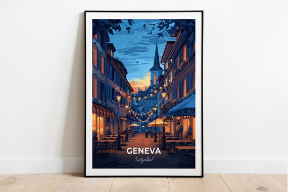 Geneva Old Town Evening Cafe Street Lights Switzerland Night Travel Poster