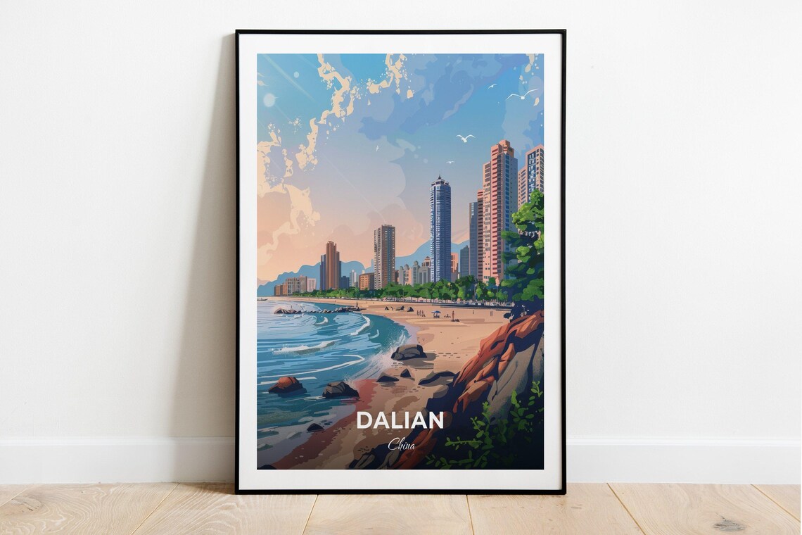 Dalian China Sunny Beach Skyline Towers Blue Wave Art Poster