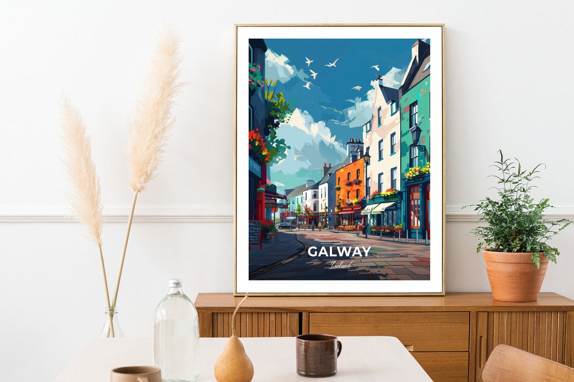 Galway Colorful Shopfront Street Under A Bright Blue Sky Travel Poster - Image 2