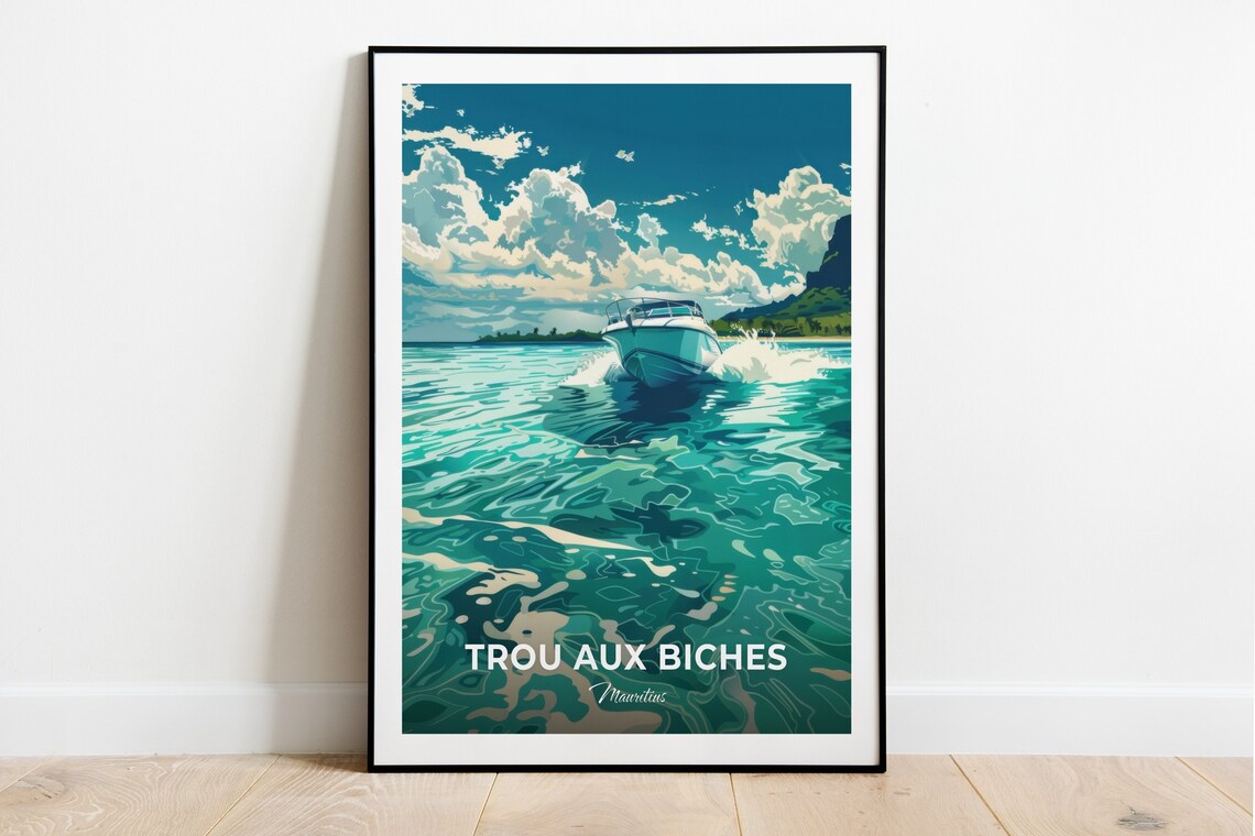 Trou Aux Biches Mauritius Speedboat Turquoise Water Travel Poster