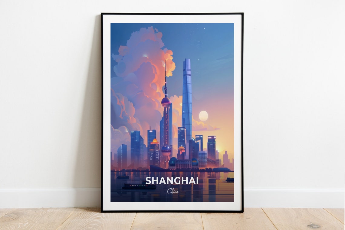 Shanghai China World Financial Center Skyline Sunset Travel Poster