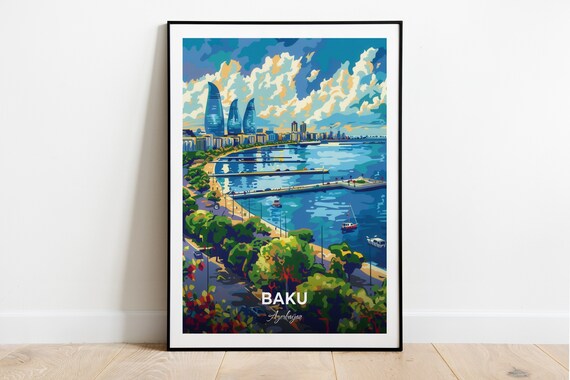 Baku Azerbaijan Flame Towers Bay Skyline View Travel Art Poster