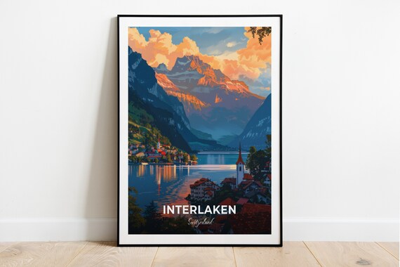 Interlaken Switzerland Travel Poster Sunset Lake Alpine Town Artwork
