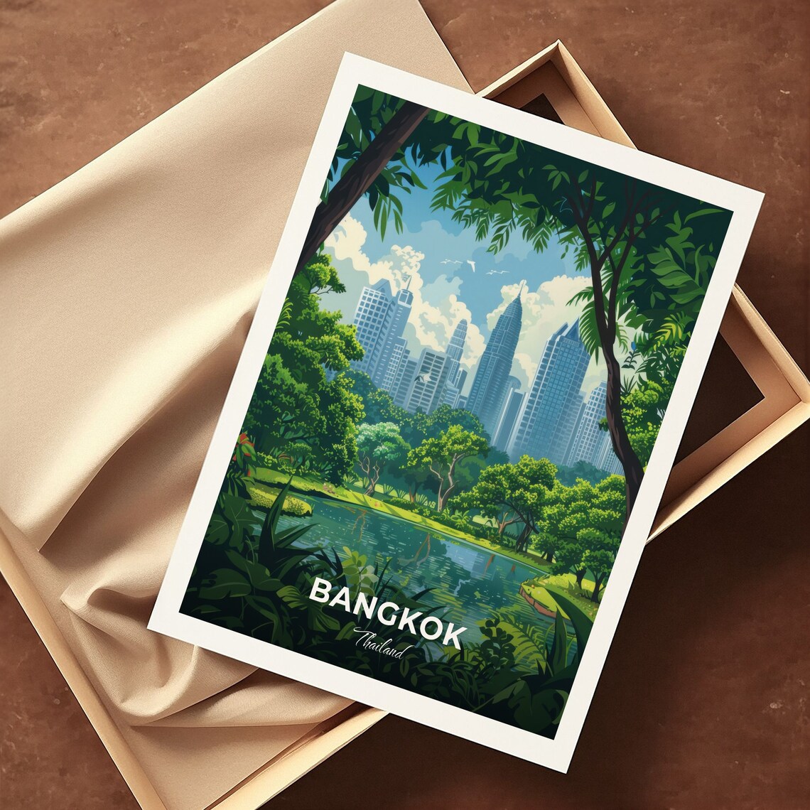 Bangkok Thailand Lumpini Park Lake City Skyline Travel Illustration Poster - Image 3