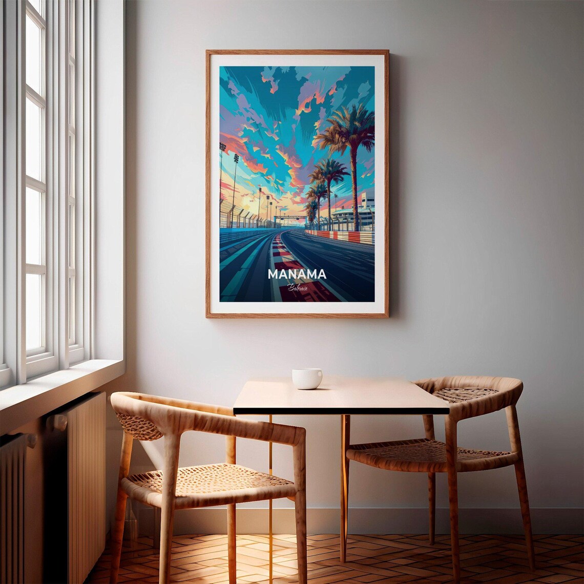 Manama Bahrain Race Track Sunset Palm Trees Night Glow Poster - Image 2