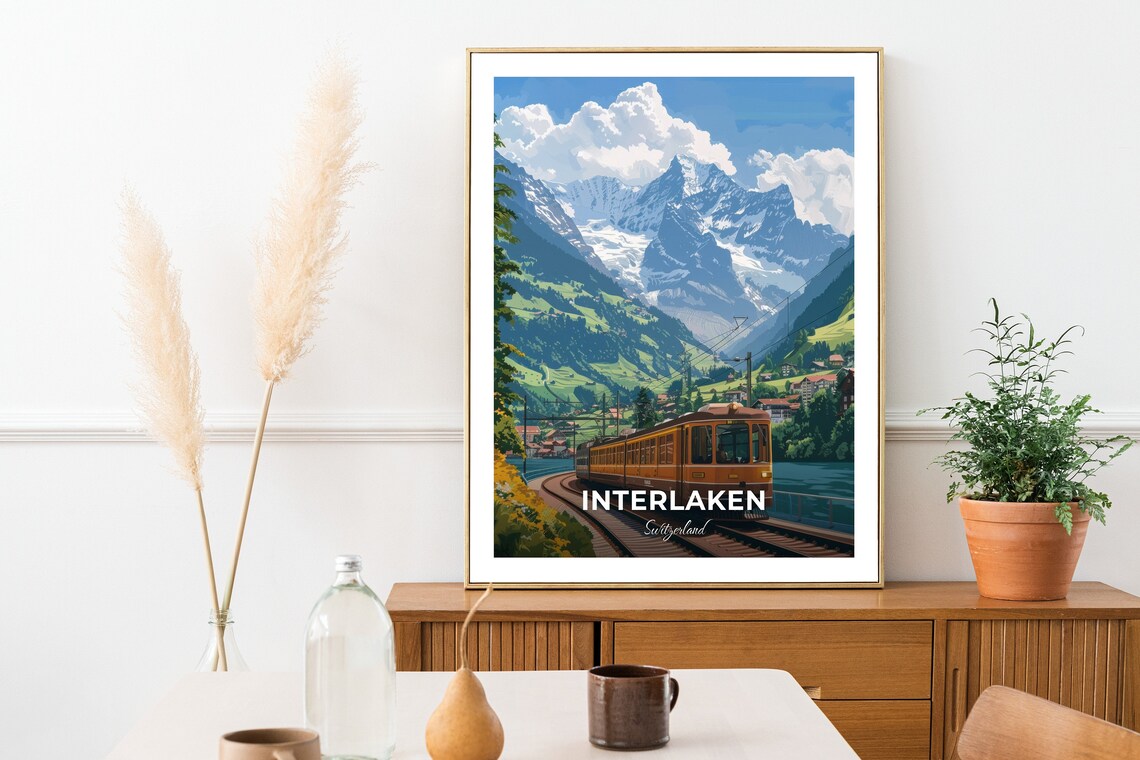 Interlaken Alpine Train Curving Lake Shore Snowy Peaks Travel Poster - Image 2