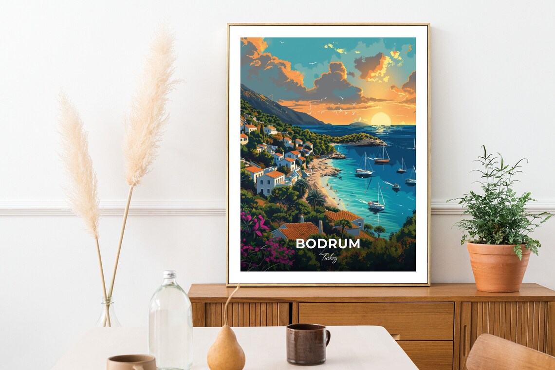Bodrum Turkey Turgutreis Sunset Boats Bright Turquoise Bay Poster - Image 3