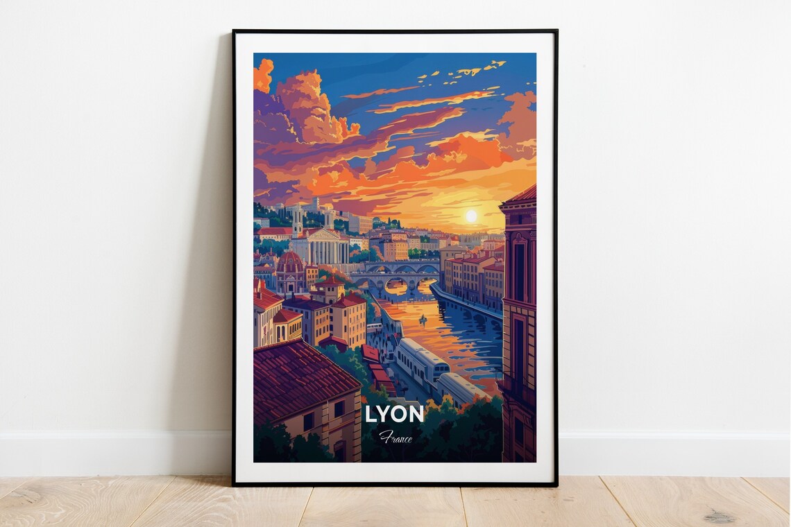 Lyon France Sunset Over the River Old Town Cityscape Art Poster