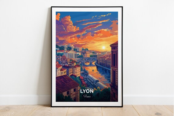 Lyon France Sunset Over the River Old Town Cityscape Art Poster