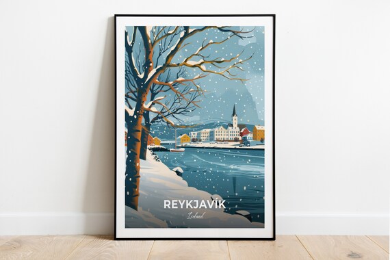 Reykjavik Iceland Snowy Winter Harbor Scene Vintage Travel Poster