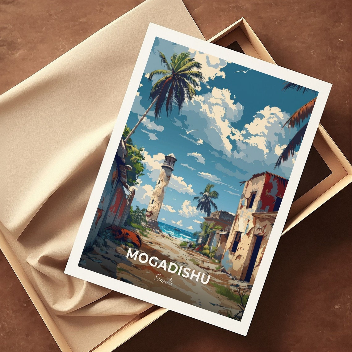 Mogadishu Somalia Travel Poster Old Lighthouse Coastal Scene Artwork - Image 3