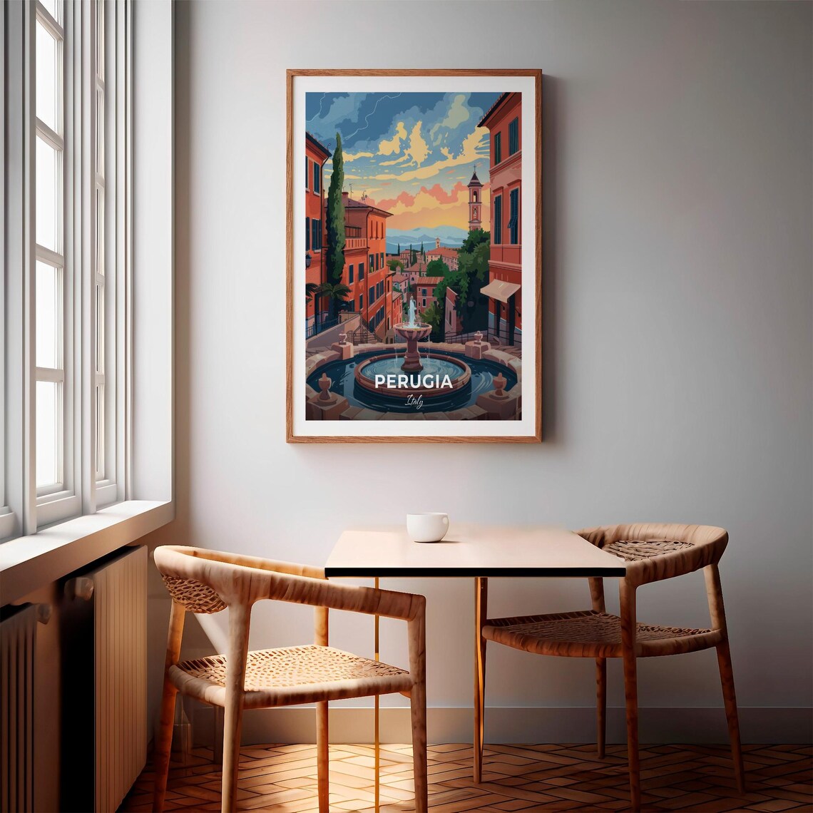 Perugia Italy Historic Fountain Square Old Town Sunset Travel Poster - Image 3