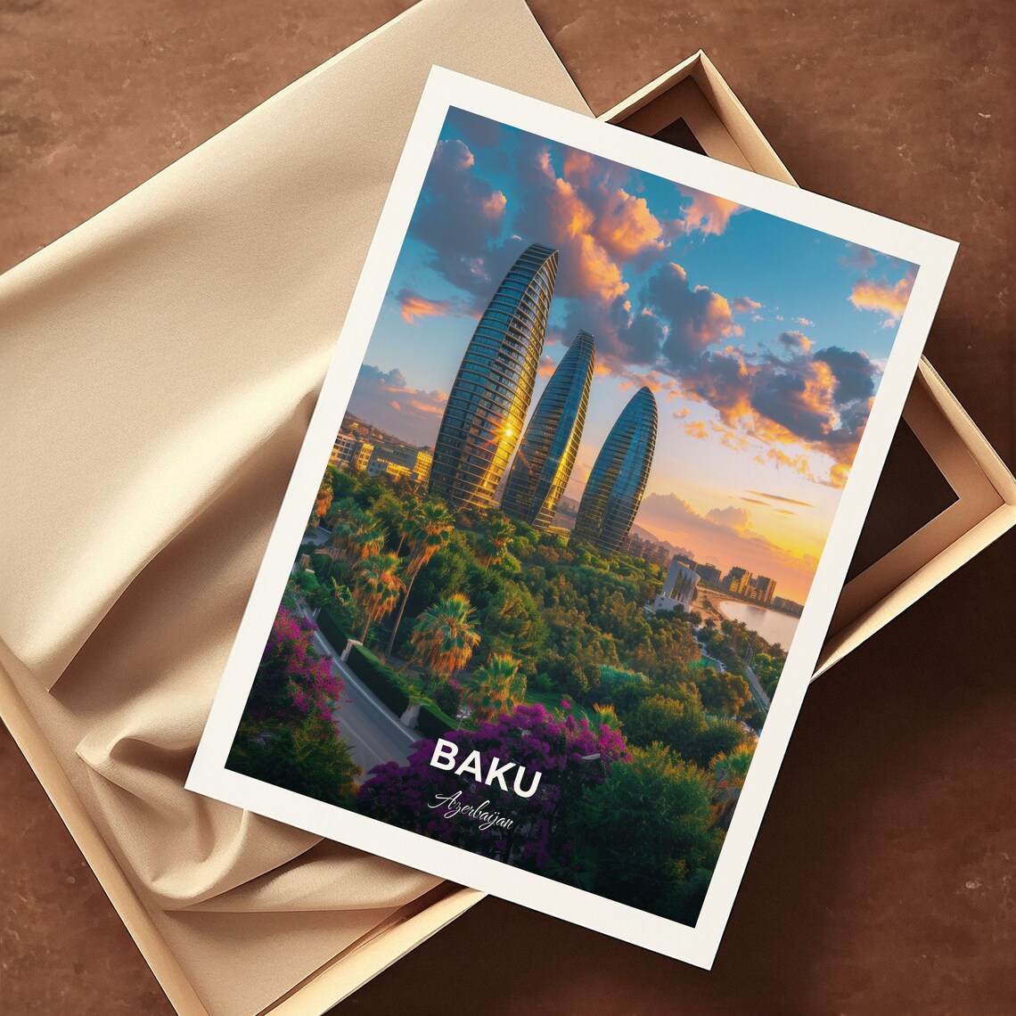 Baku Azerbaijan Flame Towers Sunset Modern Skyline Travel Poster - Image 3