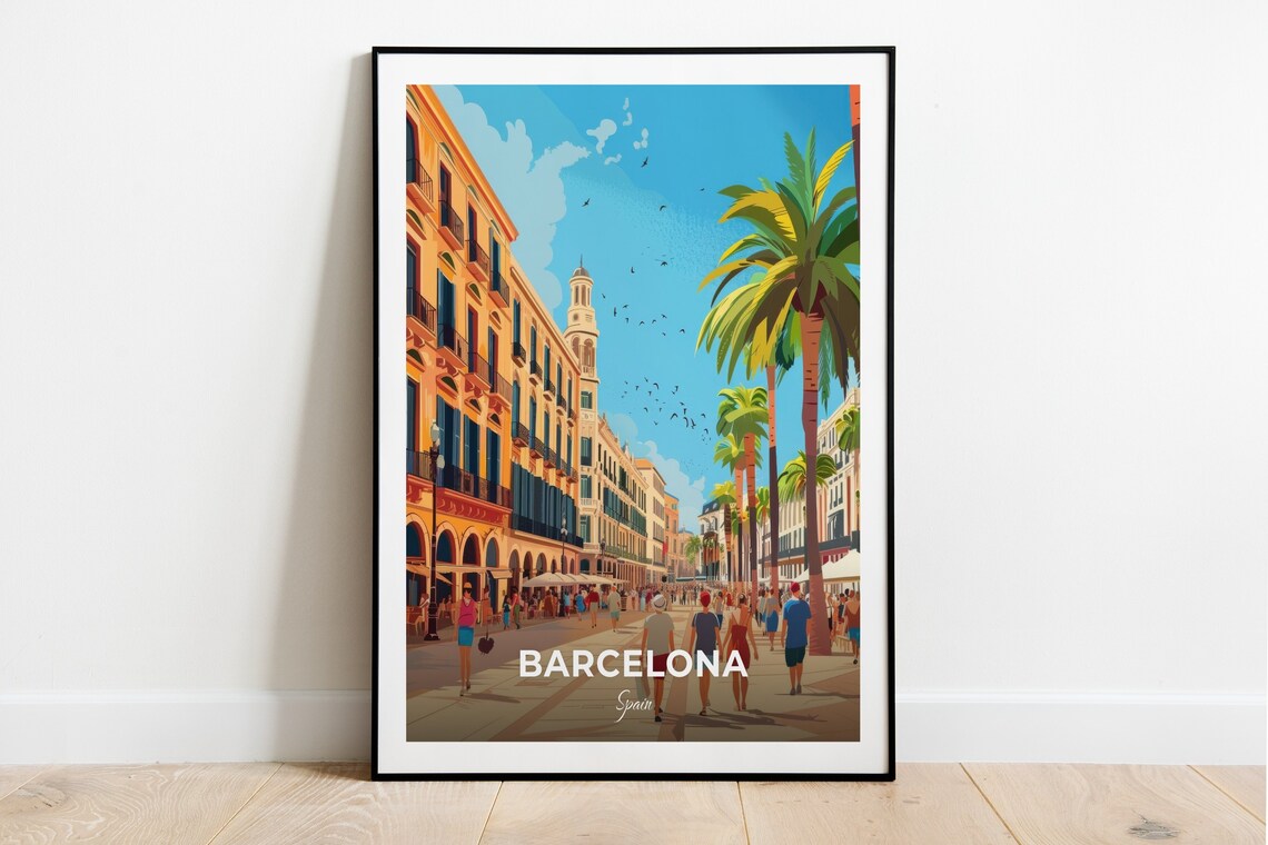 Barcelona Spain Placa Reial Palm Square Crowds Vintage Travel Poster