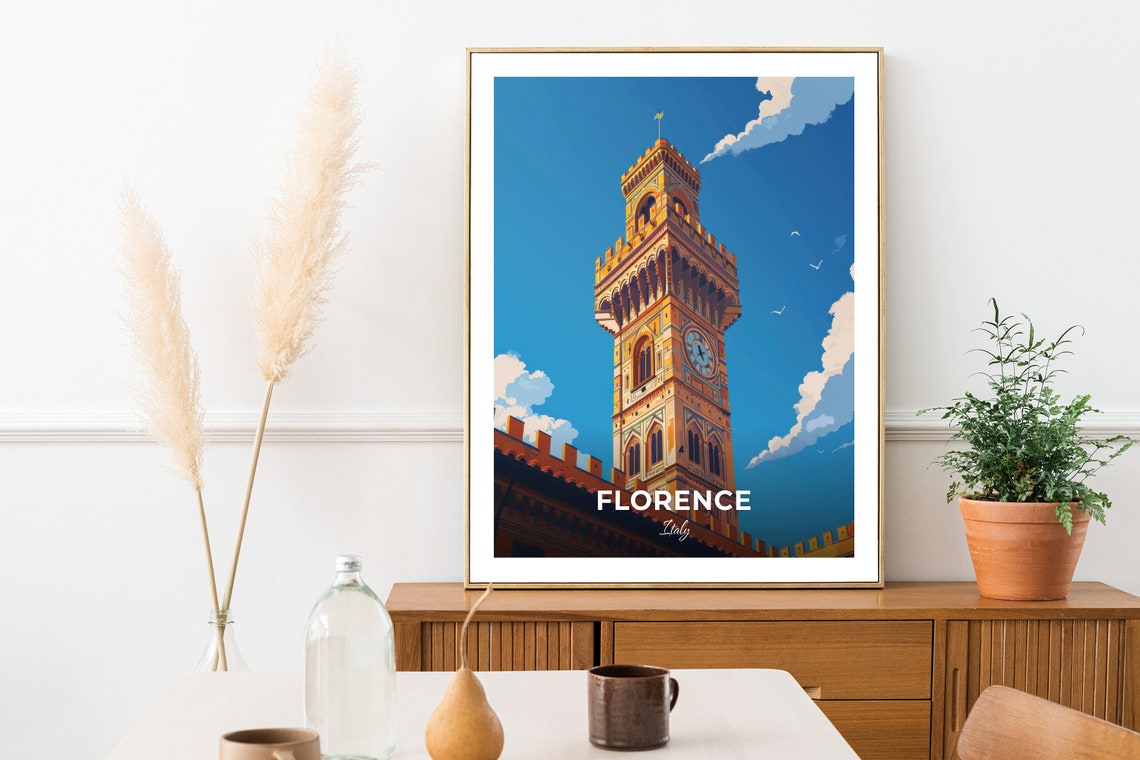 Florence Palazzo Vecchio Clock Tower Bright Sky Travel Scene Poster - Image 2