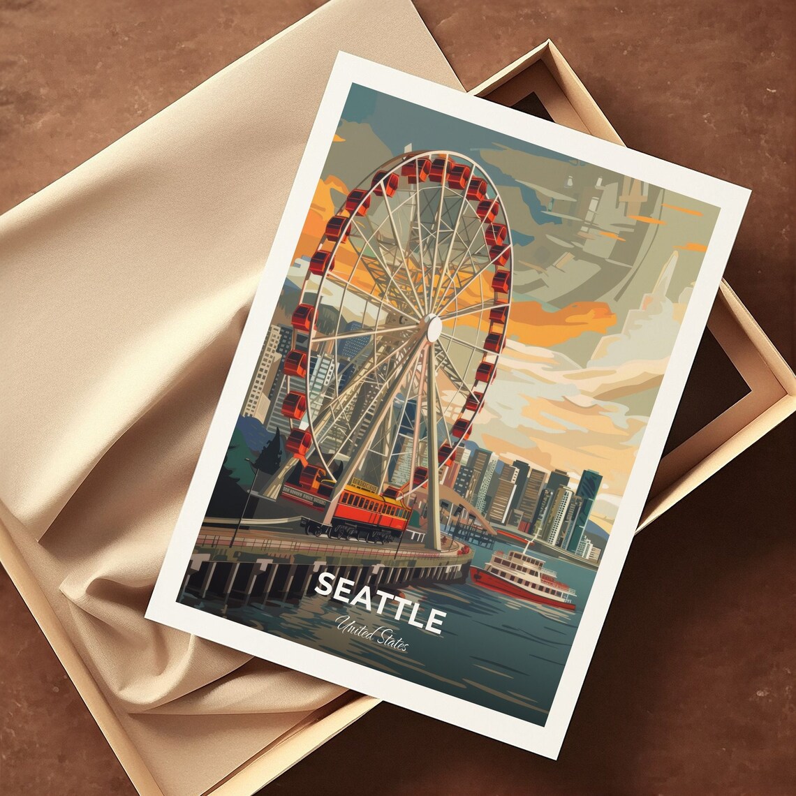Seattle Washington Great Wheel On The Waterfront Pier With Ferry Poster - Image 3